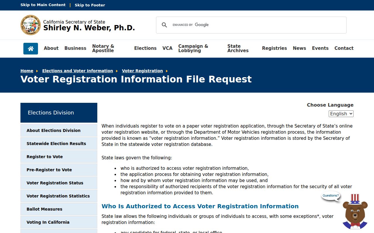 Chula Vista voter registration records SOS voter file request